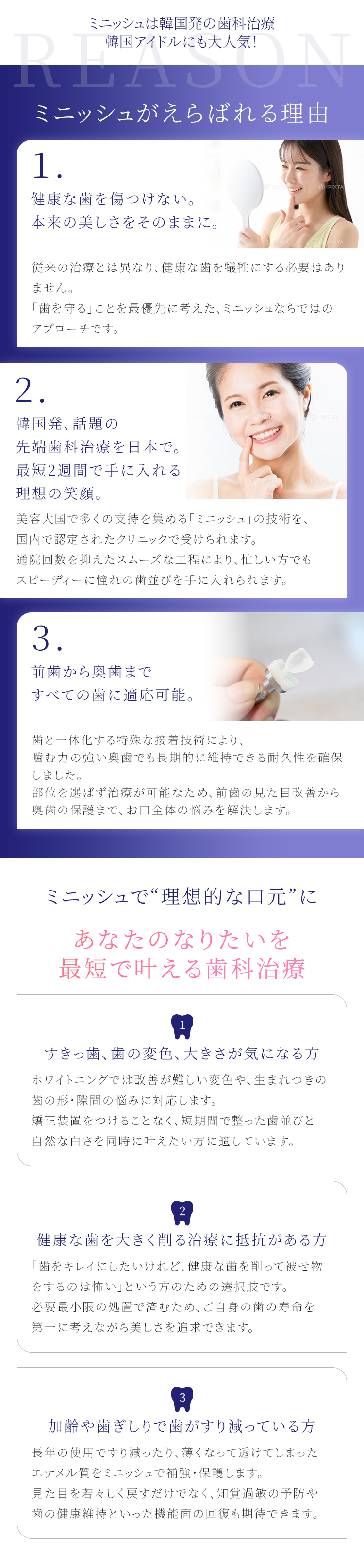 ミニッシュがえらばれる理由 - 1.健康な歯を傷つけない。本来の美しさをそのままに。- 2.韓国発、話題の先端歯科治療を日本で。最短2週間で手に入れる理想の笑顔。- 3.前歯から奥歯まで、すべての歯に適応可能。